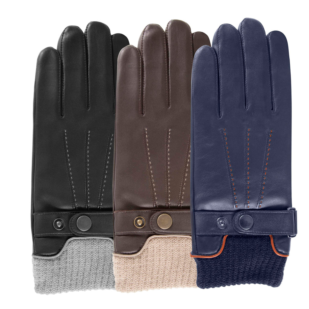 Gants Homme tactiles cuir poignet tricot Marron