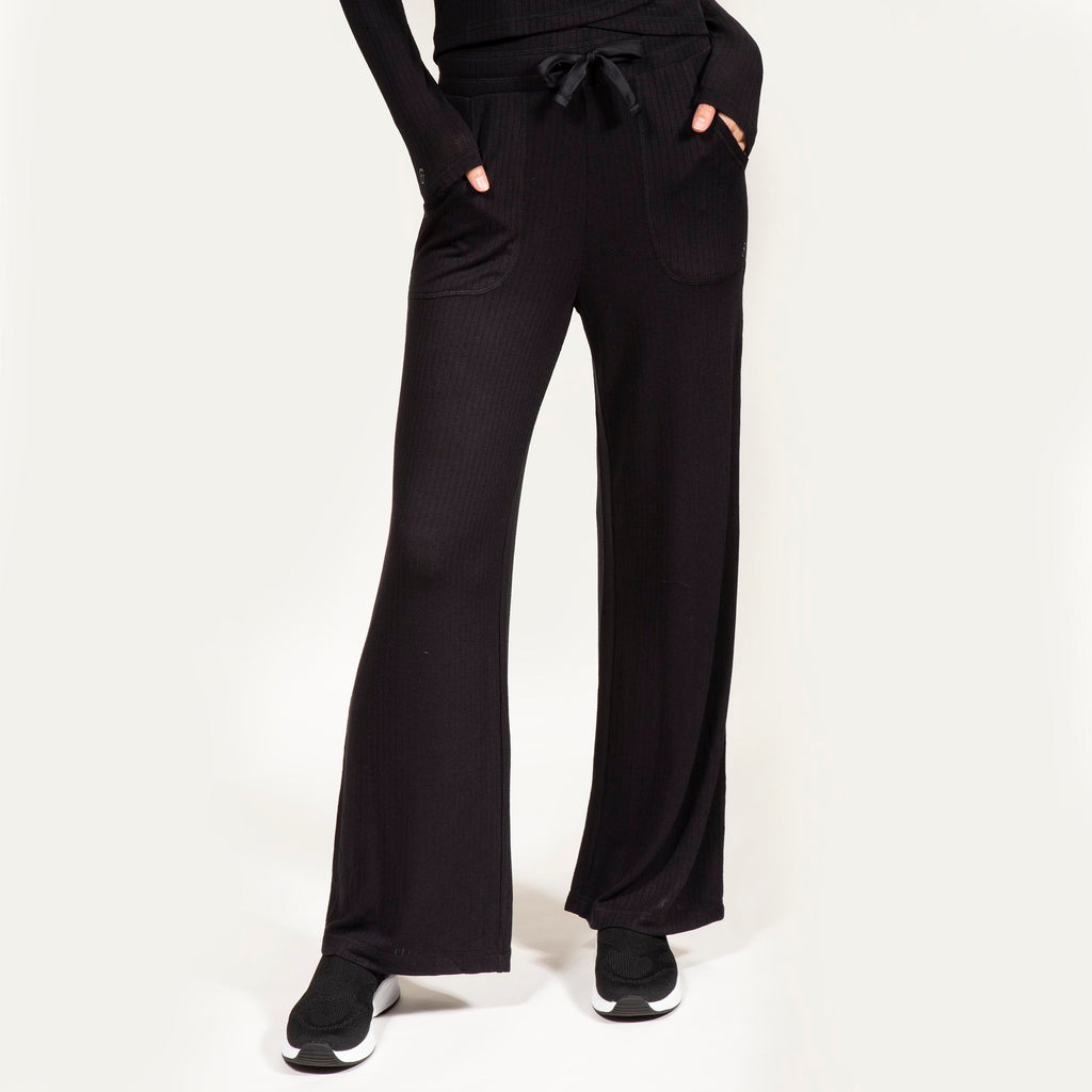 Pantalon large femme taille haute en laine noire ATODE