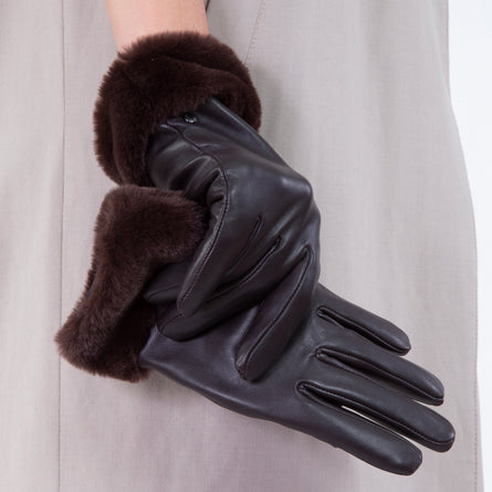Gants Femme cuir bord fourrure Marron - Isotoner