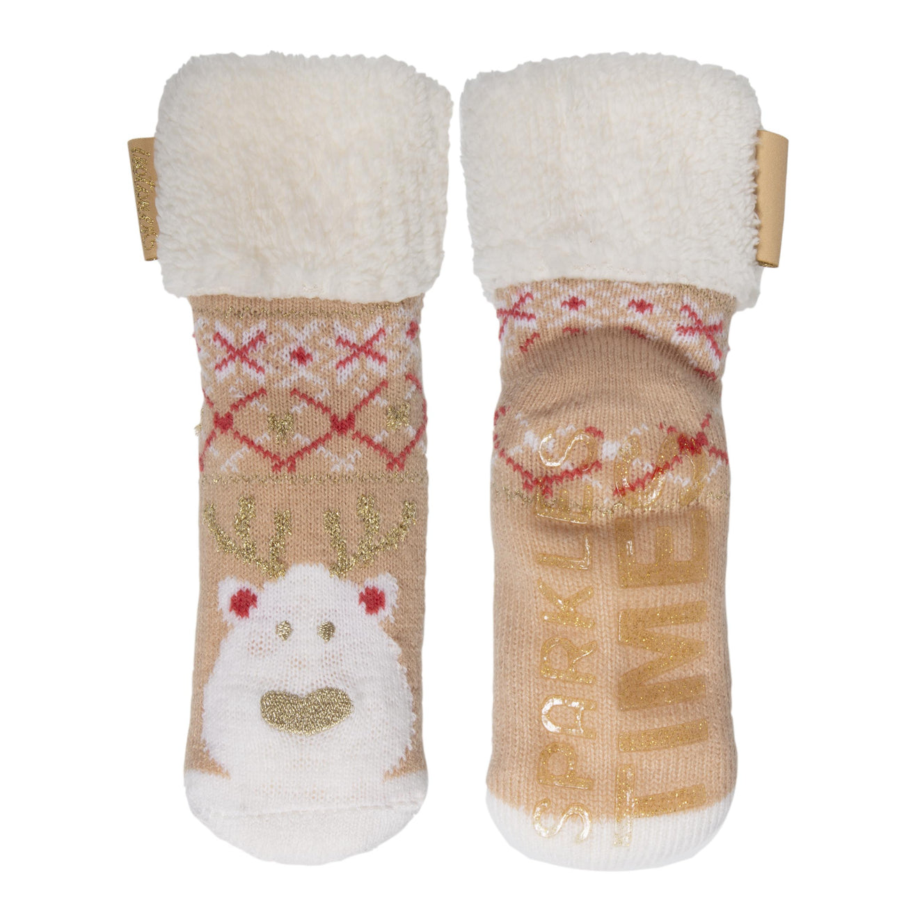 Chaussettes fourrées Enfant Ours Noël Beige 1/8 ans