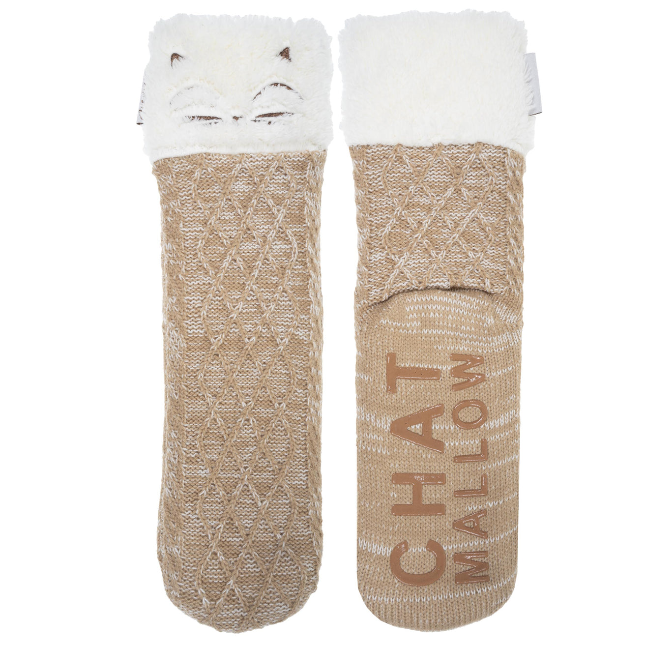 Chaussettes fourrées Femme maille chat Beige