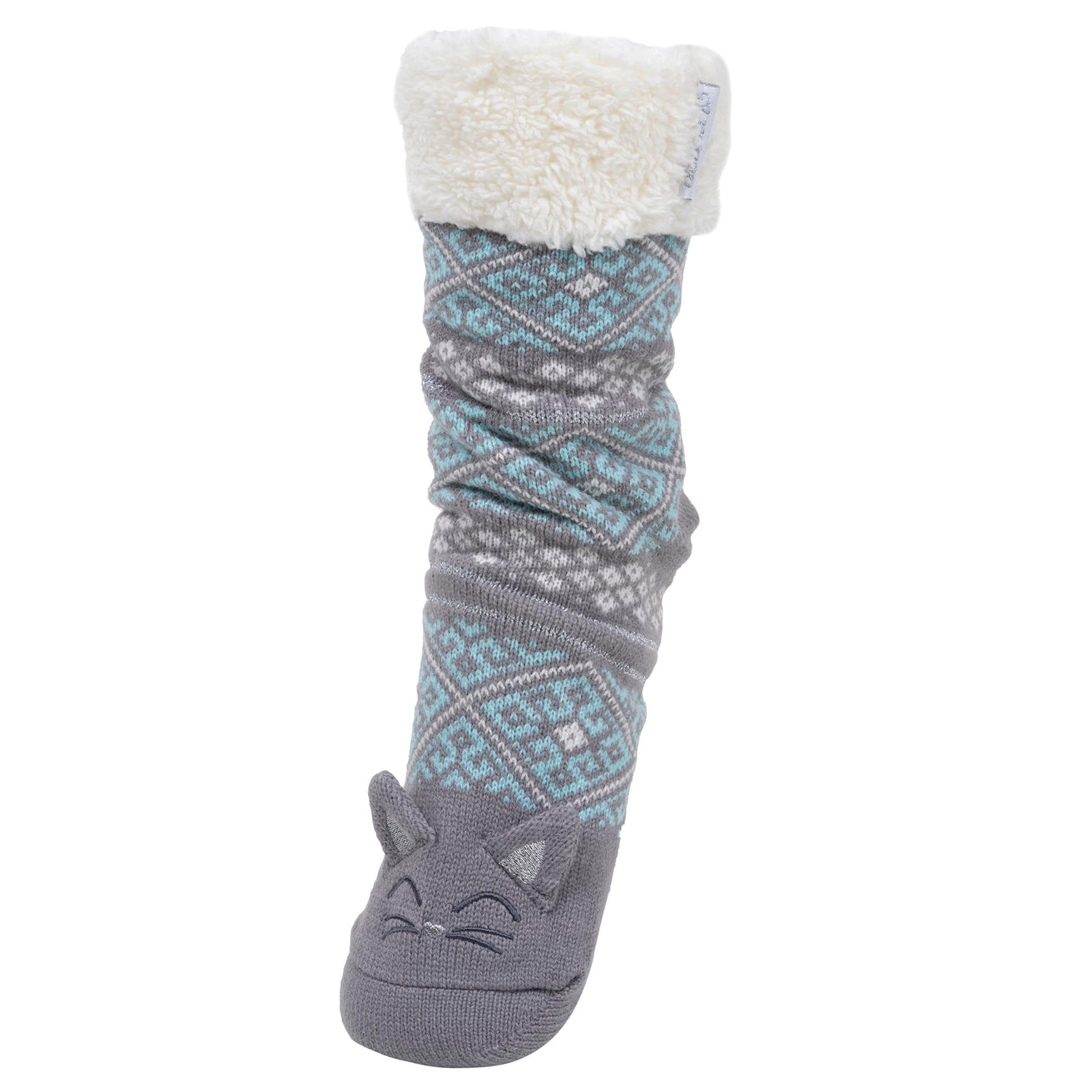 Chaussettes fourrées Femme jacquard chat gris