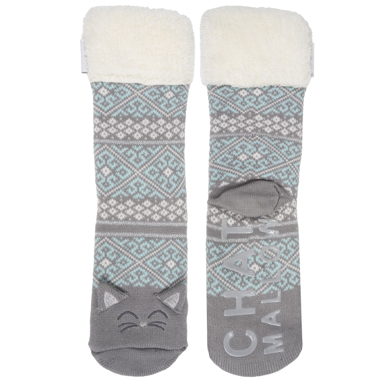 Chaussettes fourrées Femme jacquard chat gris