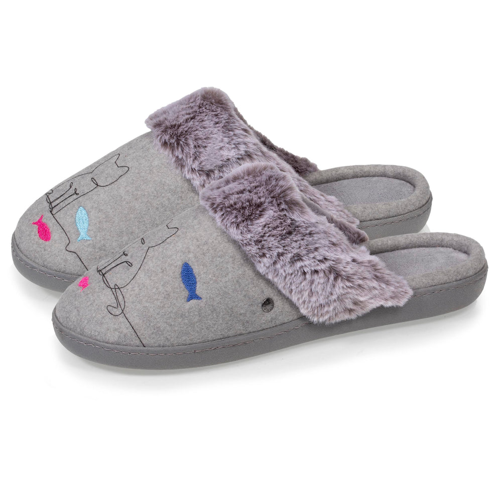 Chaussons mules Femme Gris chat fantaisie - Isotoner