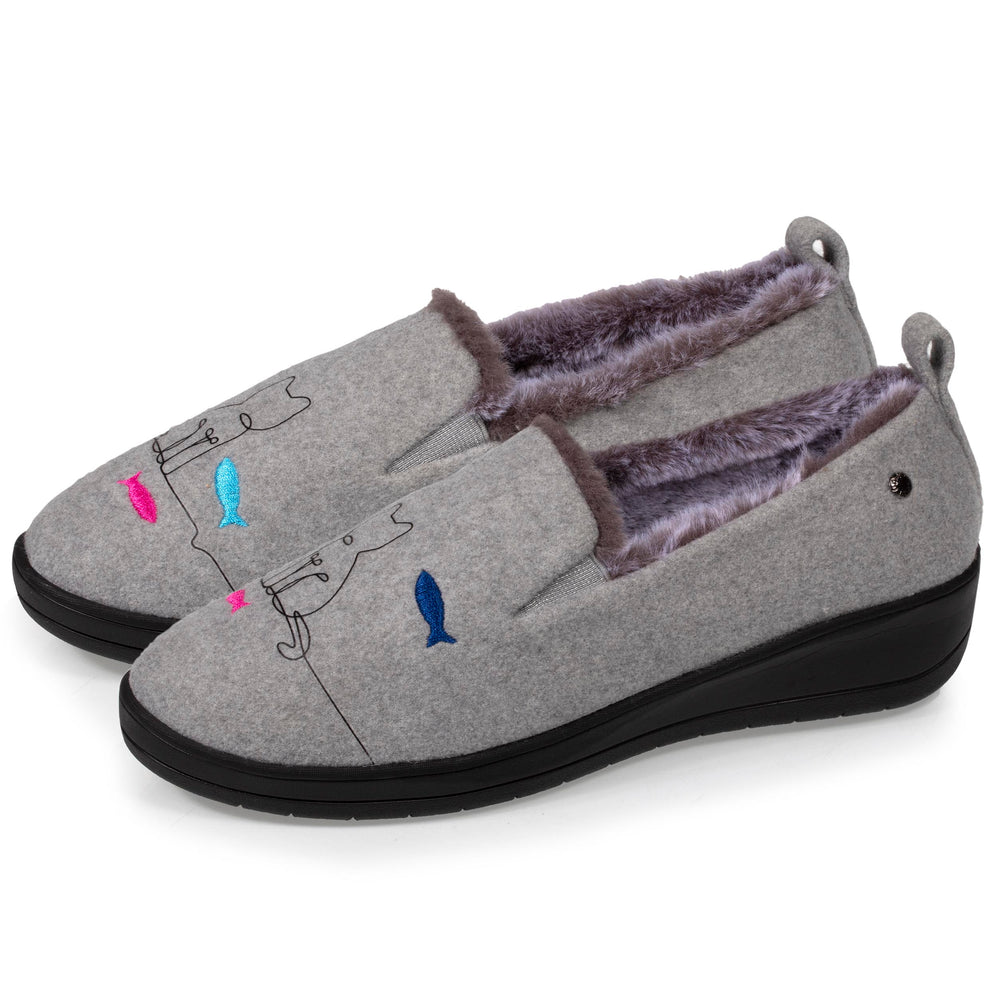 Chaussons slippers talon Femme Gris chat - Isotoner