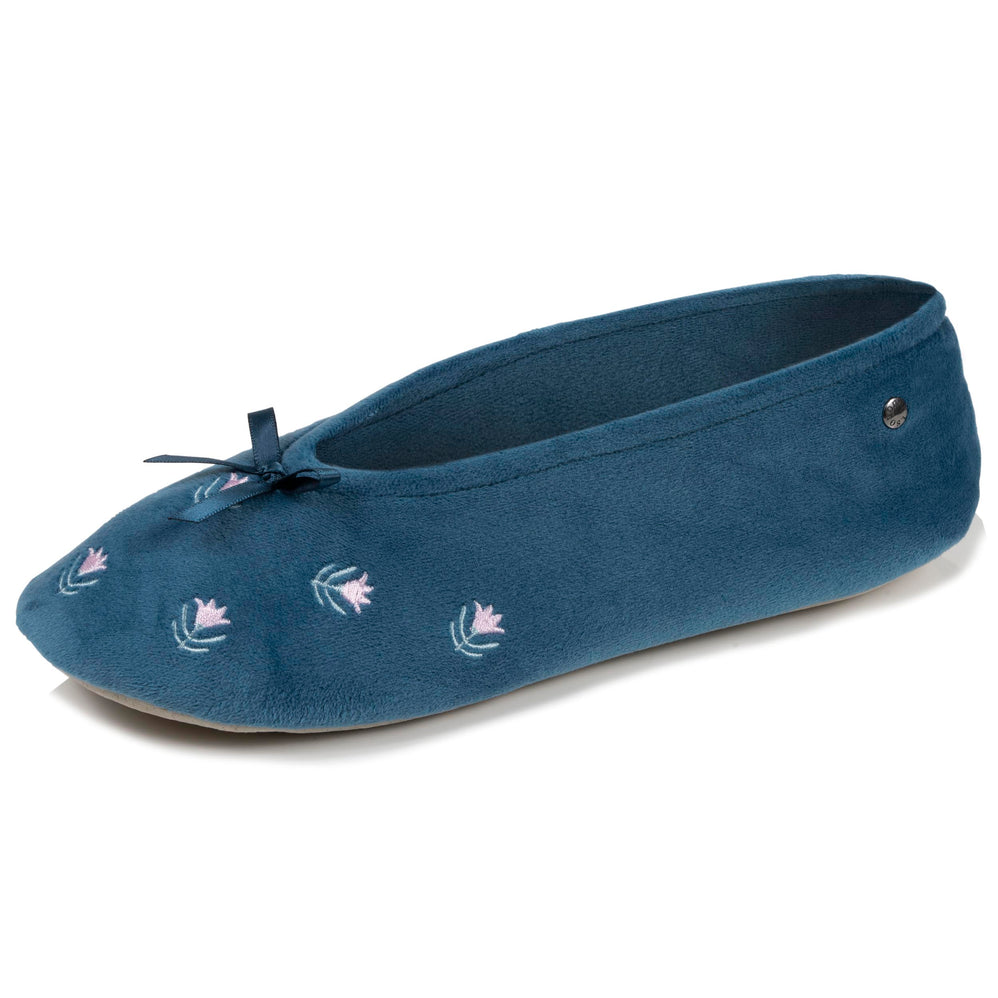 Chaussons ballerines Femme Grand Nœud Bleu canard fleurs - Isotoner