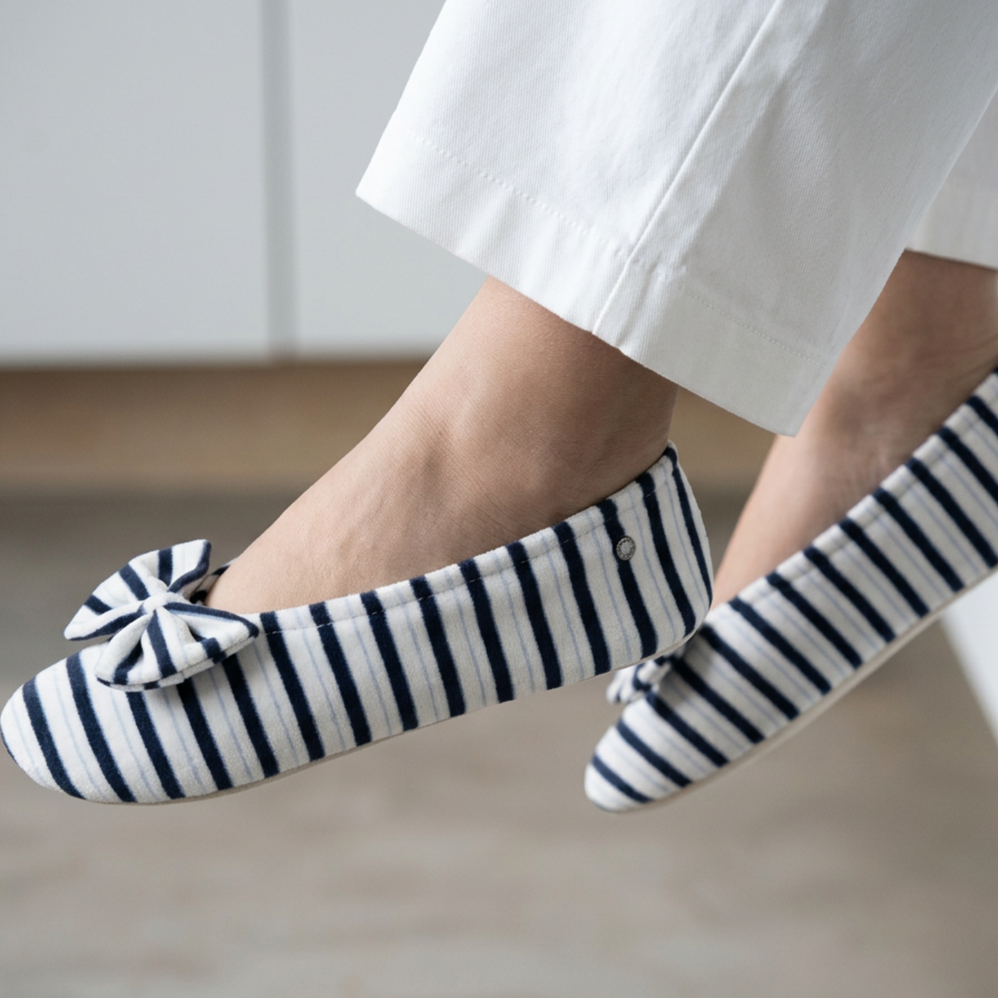Chaussons ballerines Femme Grand Nœud Rayures bleues - Isotoner