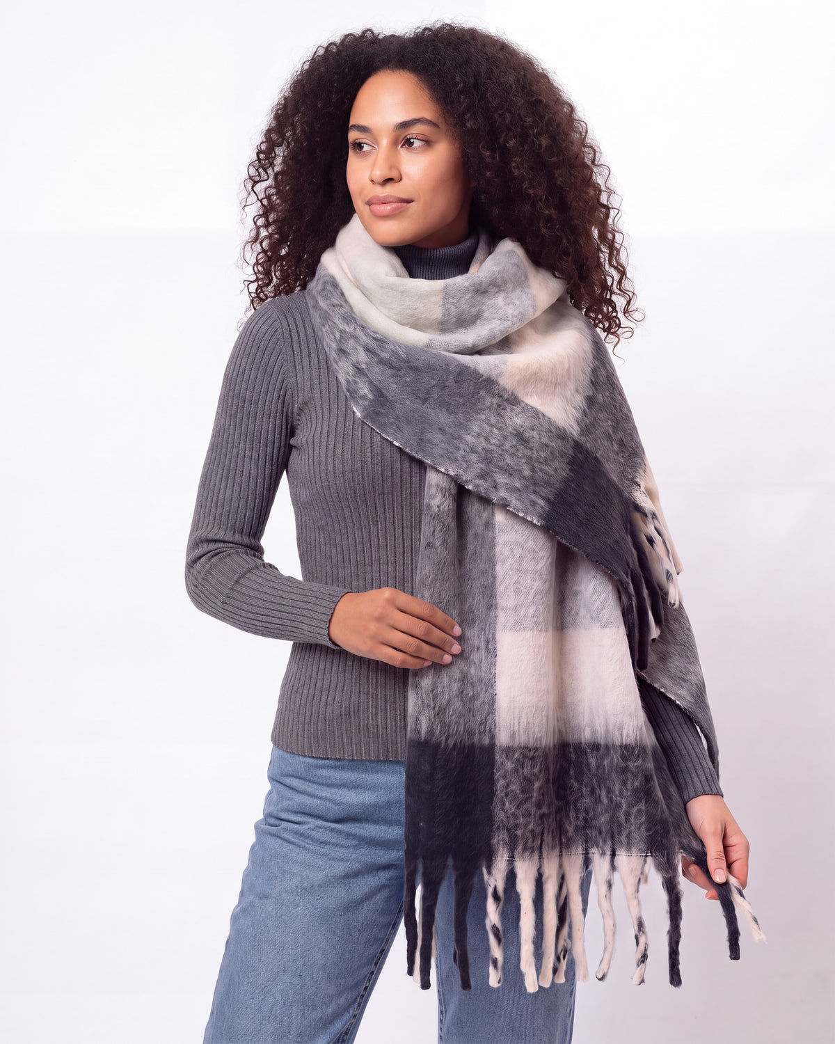 Écharpe plaid Femme avec franges Beige/Gris