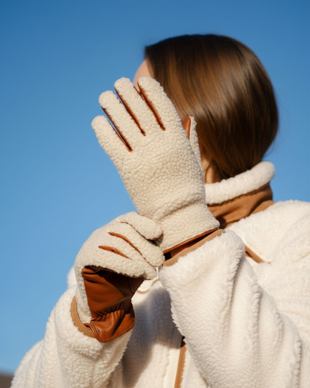 Gants Femme tactiles Cuir Chaud Sherpa/Cognac - Isotoner