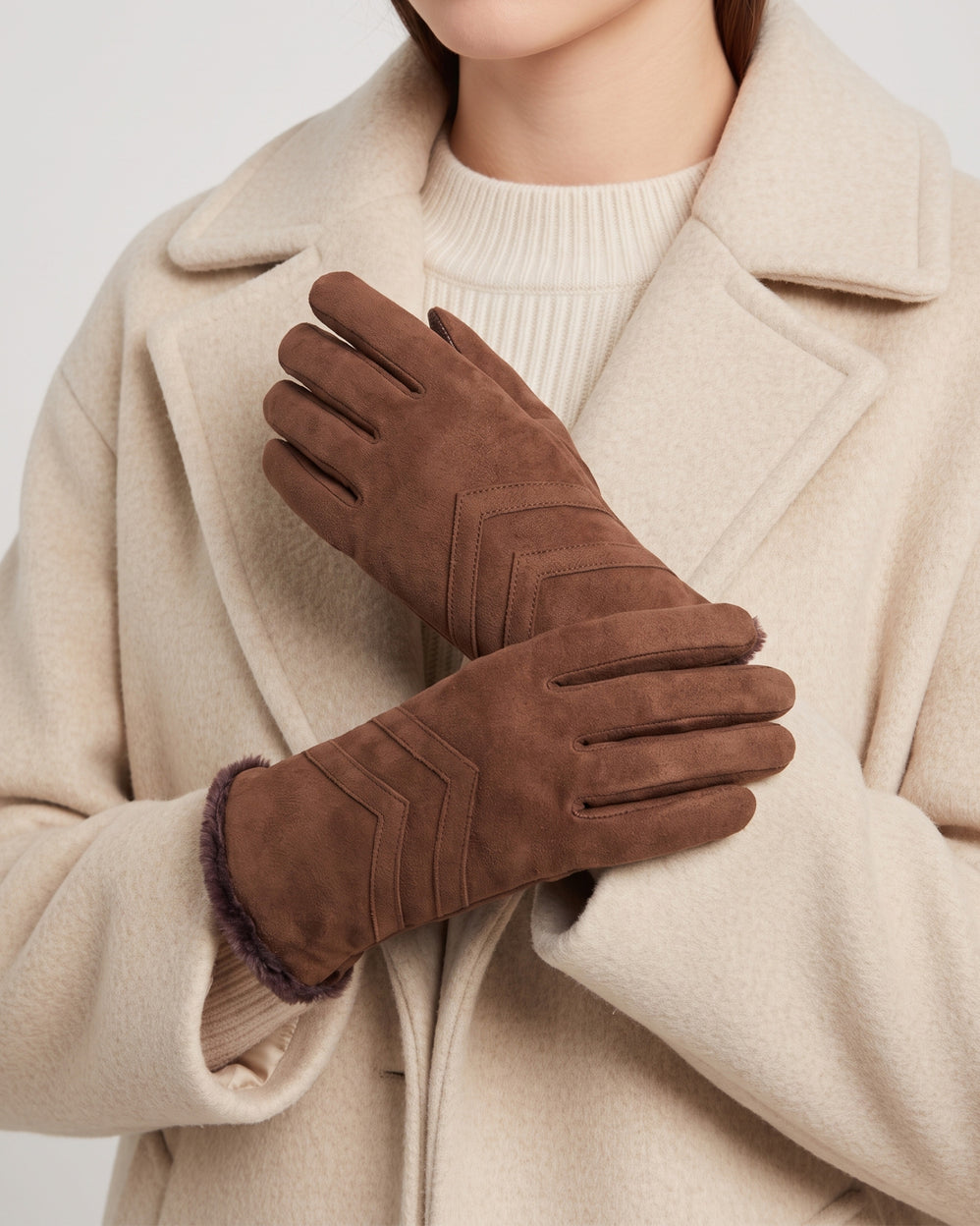 Gants Femme tactiles cuir velours Cognac - Isotoner