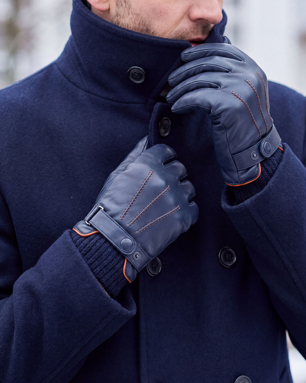Gants Homme tactiles cuir tricot Marine - Isotoner