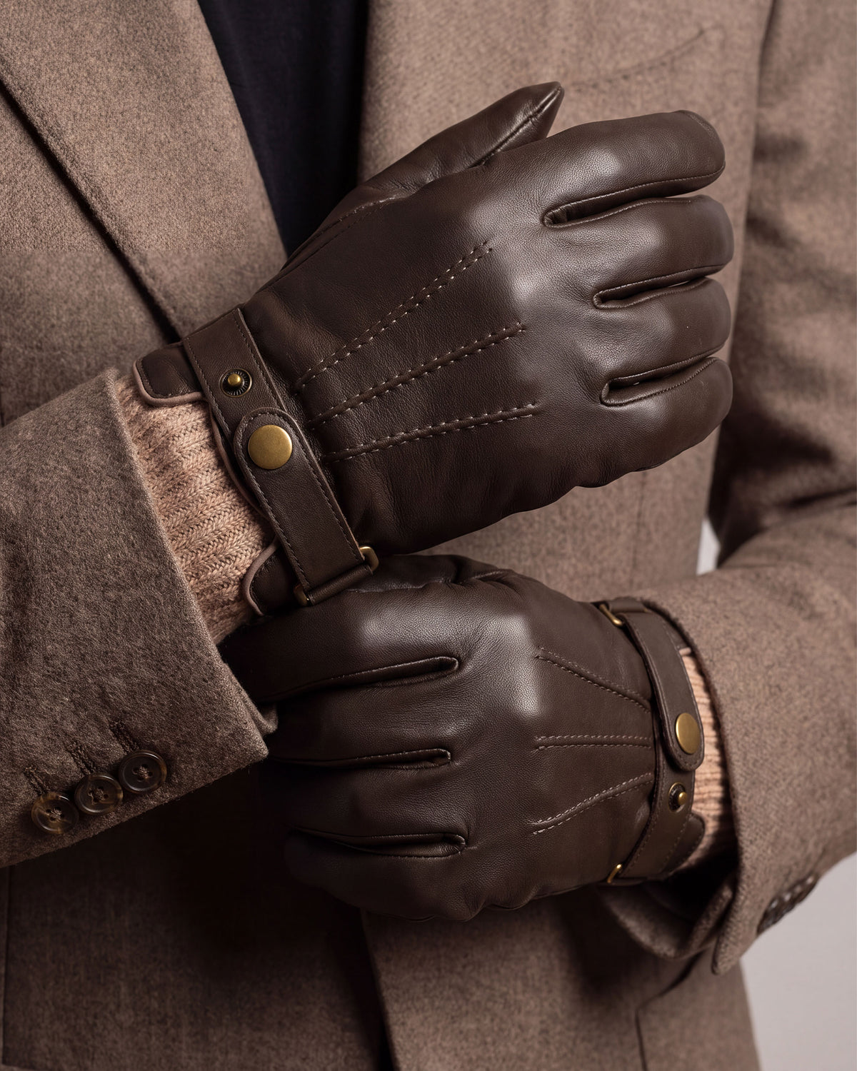 Gants Homme tactiles cuir tricot Marron