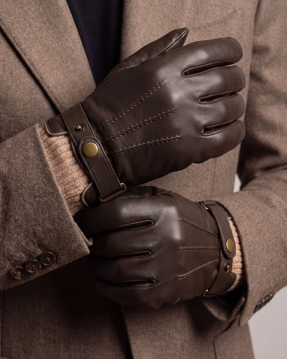 Gants Homme tactiles cuir tricot Marron - Isotoner