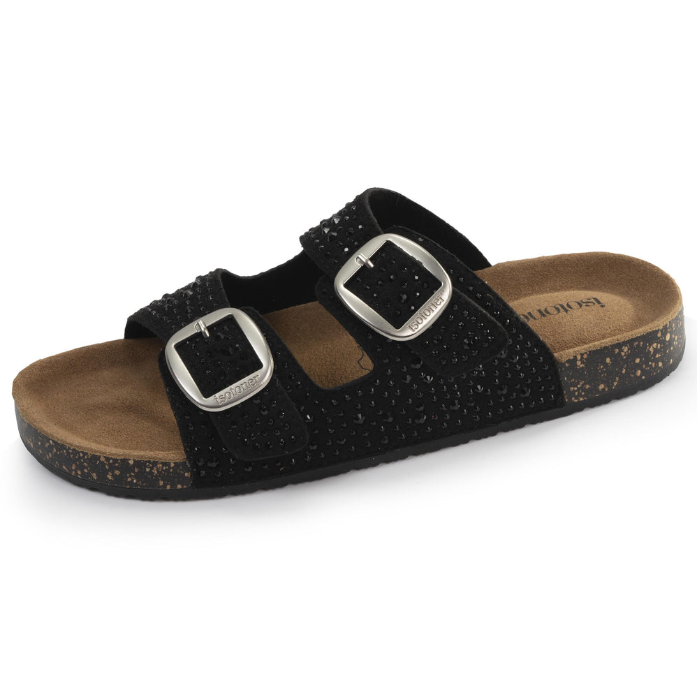 Mules Sandales Femme Double Bride Noir strass - Isotoner