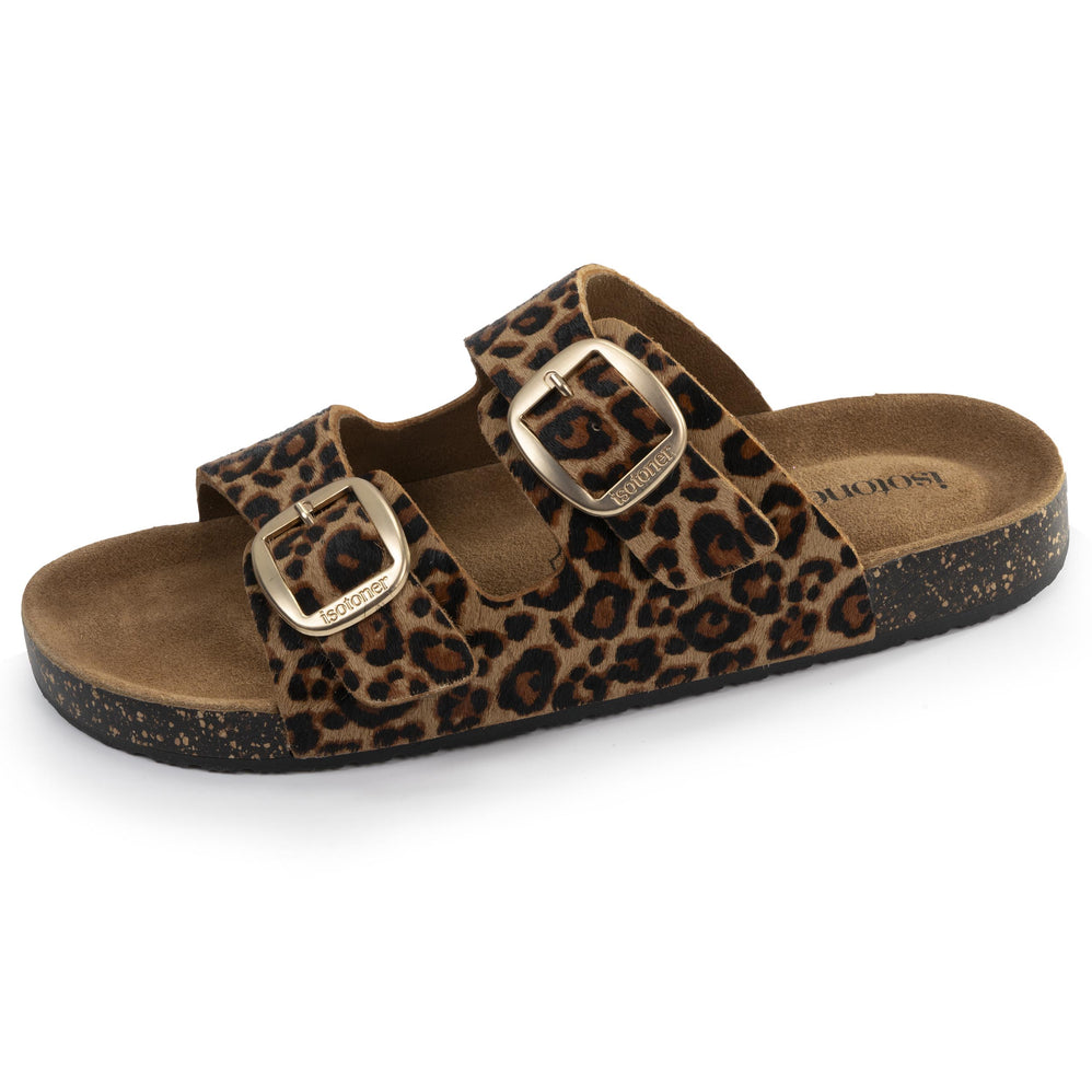 Mules Sandales Femme Double Bride cuir Léopard - Isotoner