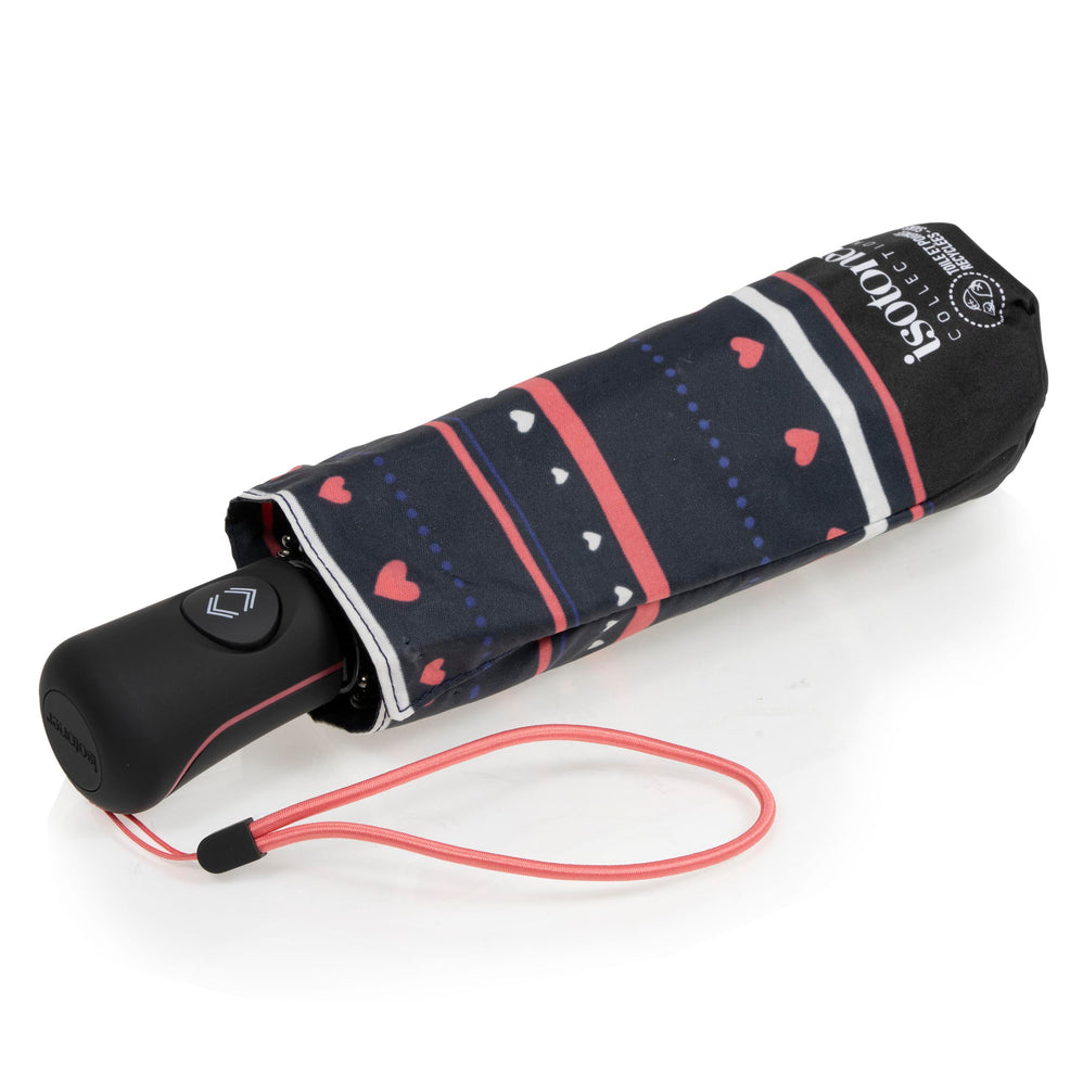 Parapluie Mini Auto Rayure Petit Cœur Marine - Isotoner