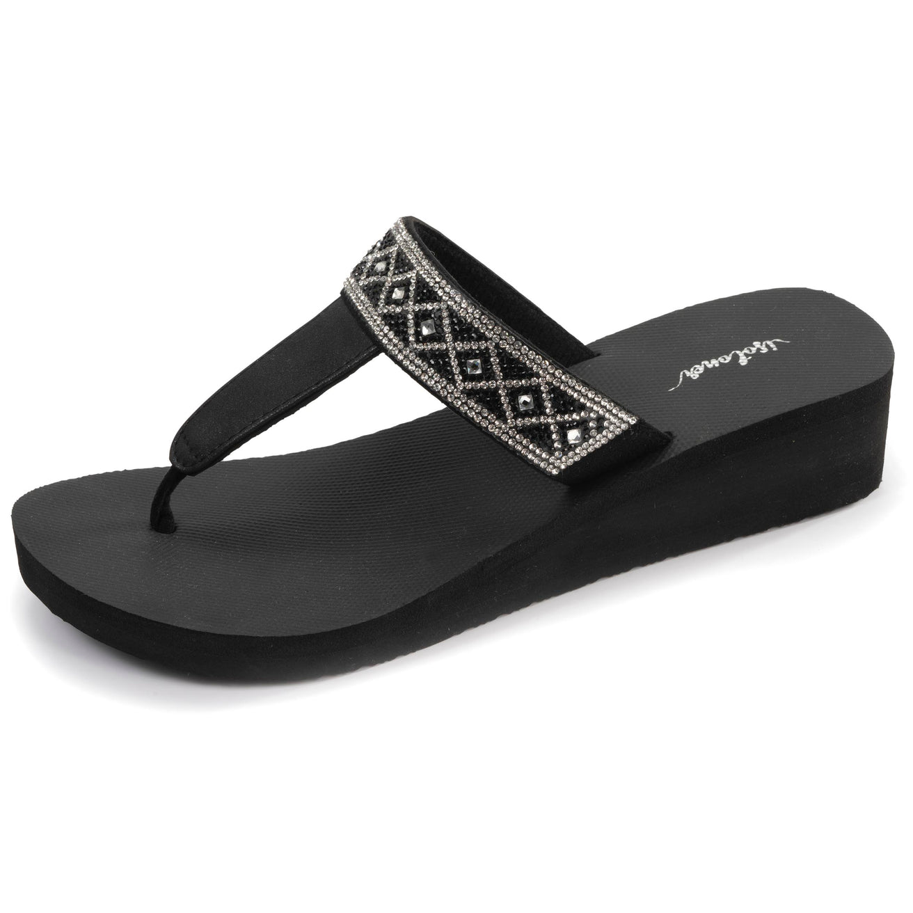 Tongs Femme tige large strass talon Noir