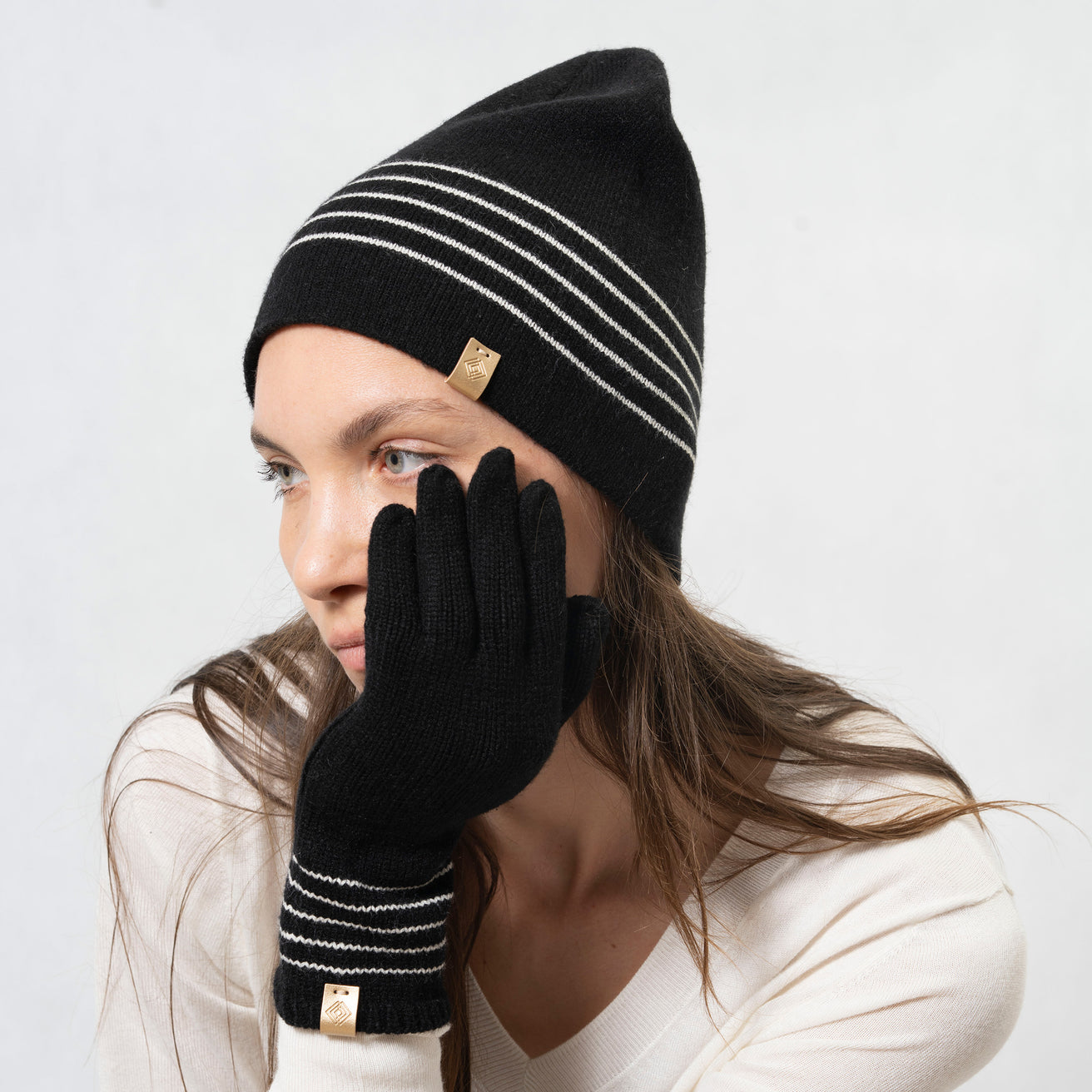 Gants longs à rayures Soft Touch Noir