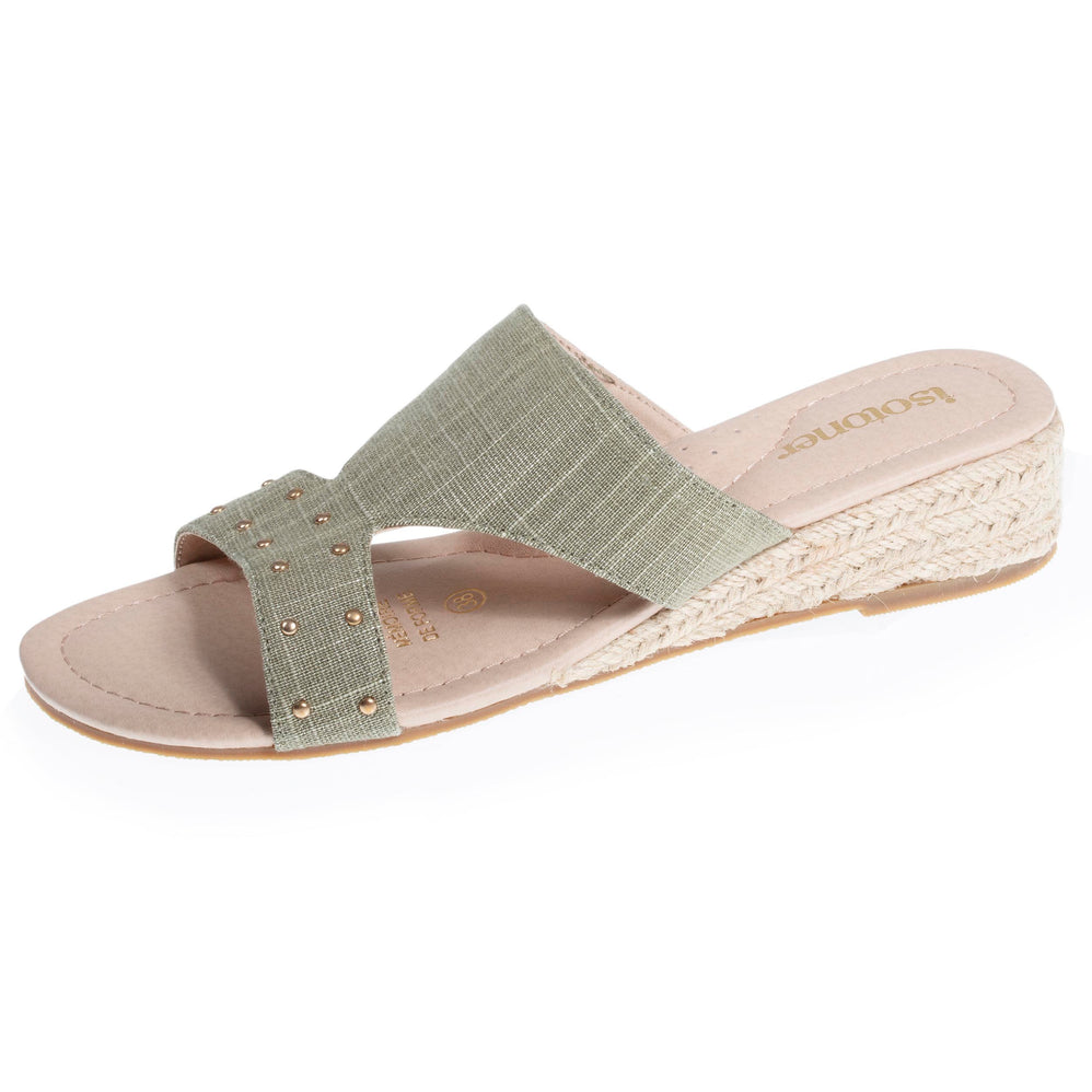 Mules sandales Femme cloutée talon corde Kaki - Isotoner