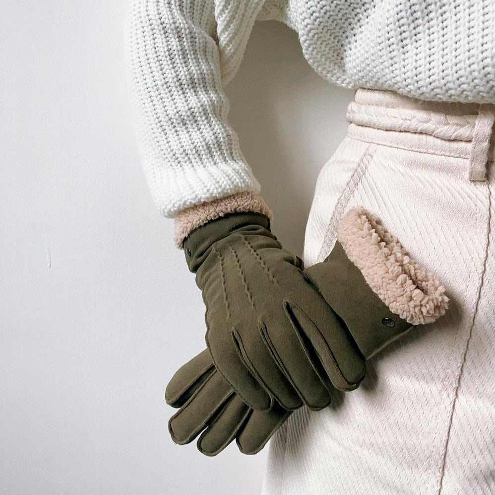 Gants Femme cuir velours fourrés Olive - Isotoner