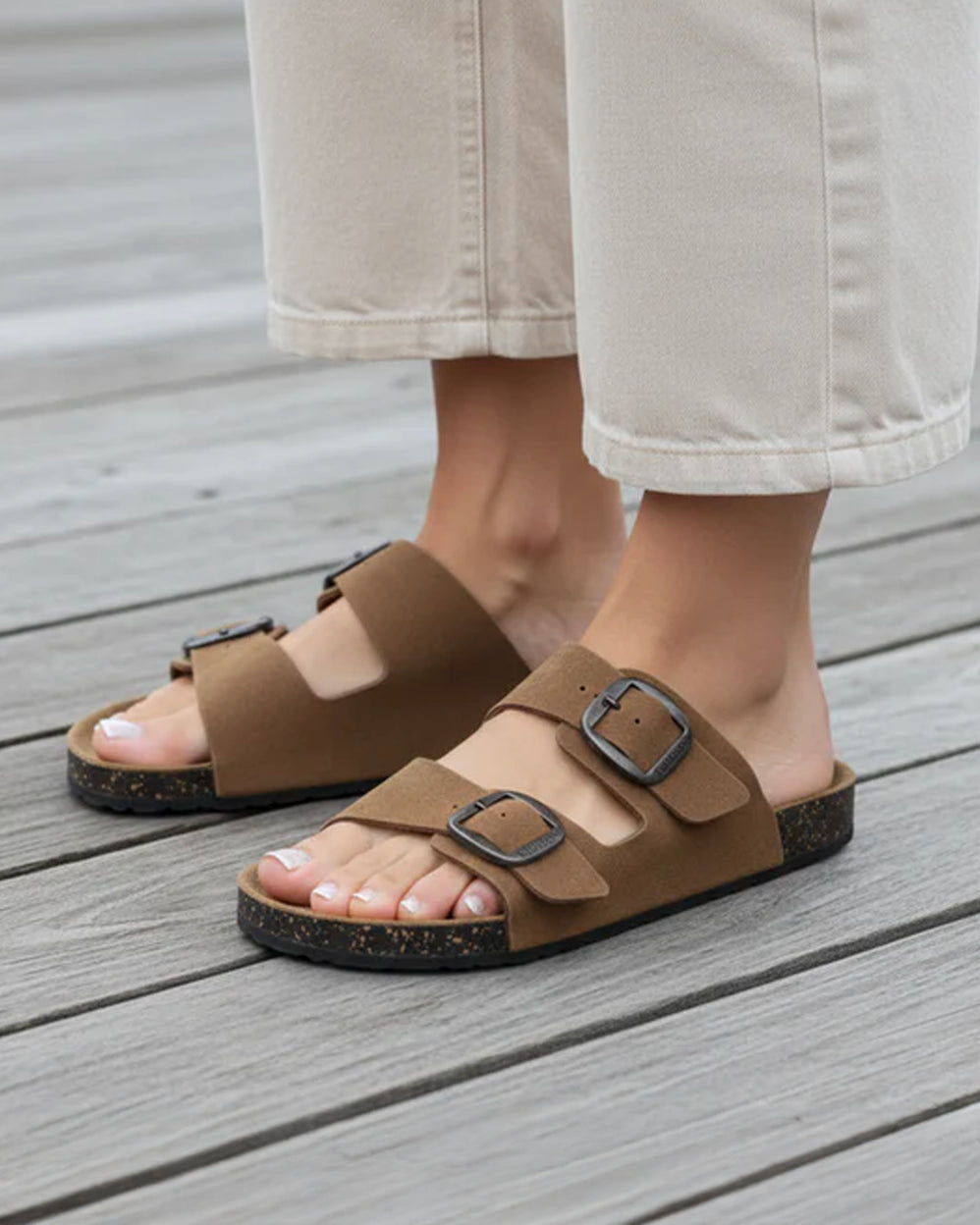 Mules sandales Femme Double Bride cuir Camel - Isotoner