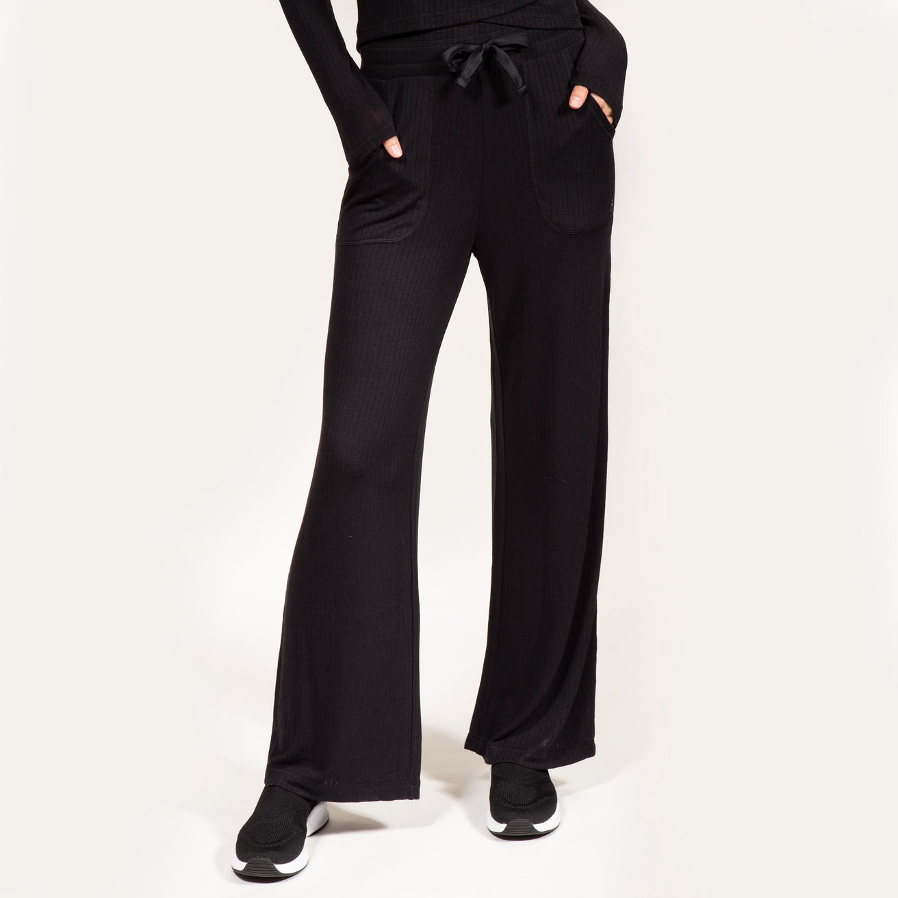 Pantalon large Femme tissu côtelé Noir