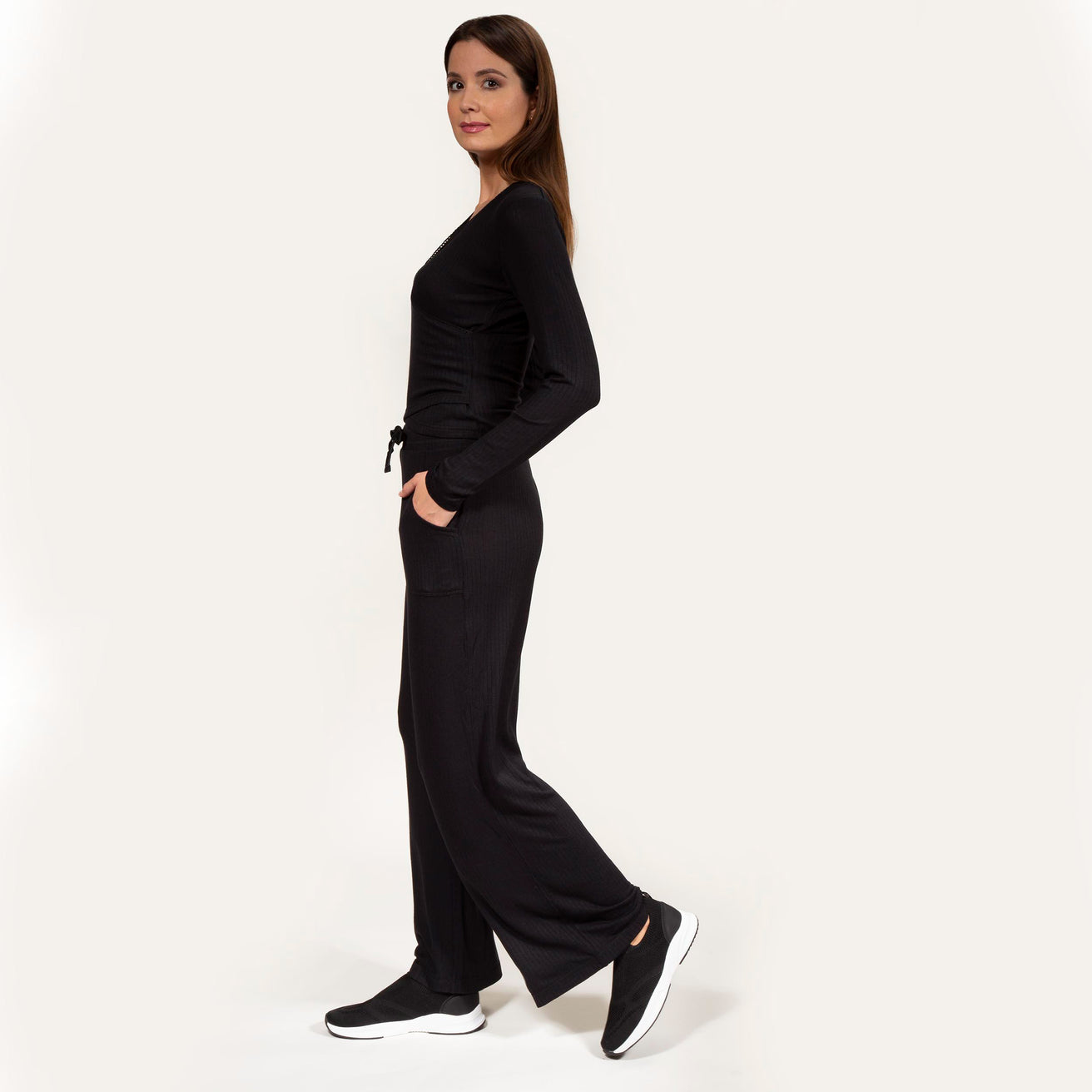 Pantalon large Femme tissu côtelé Noir