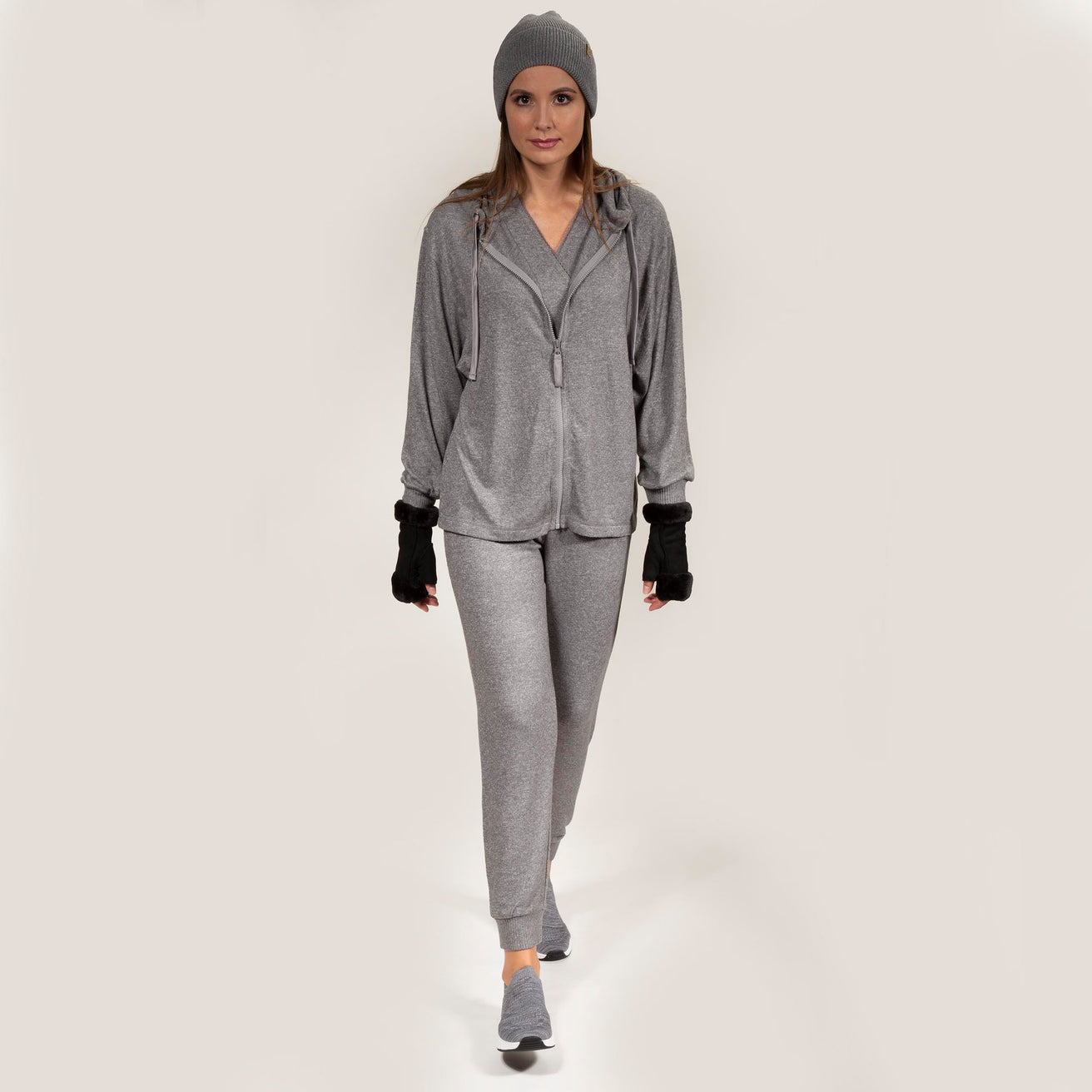 Sweat-shirt à capuche Femme Gris chiné