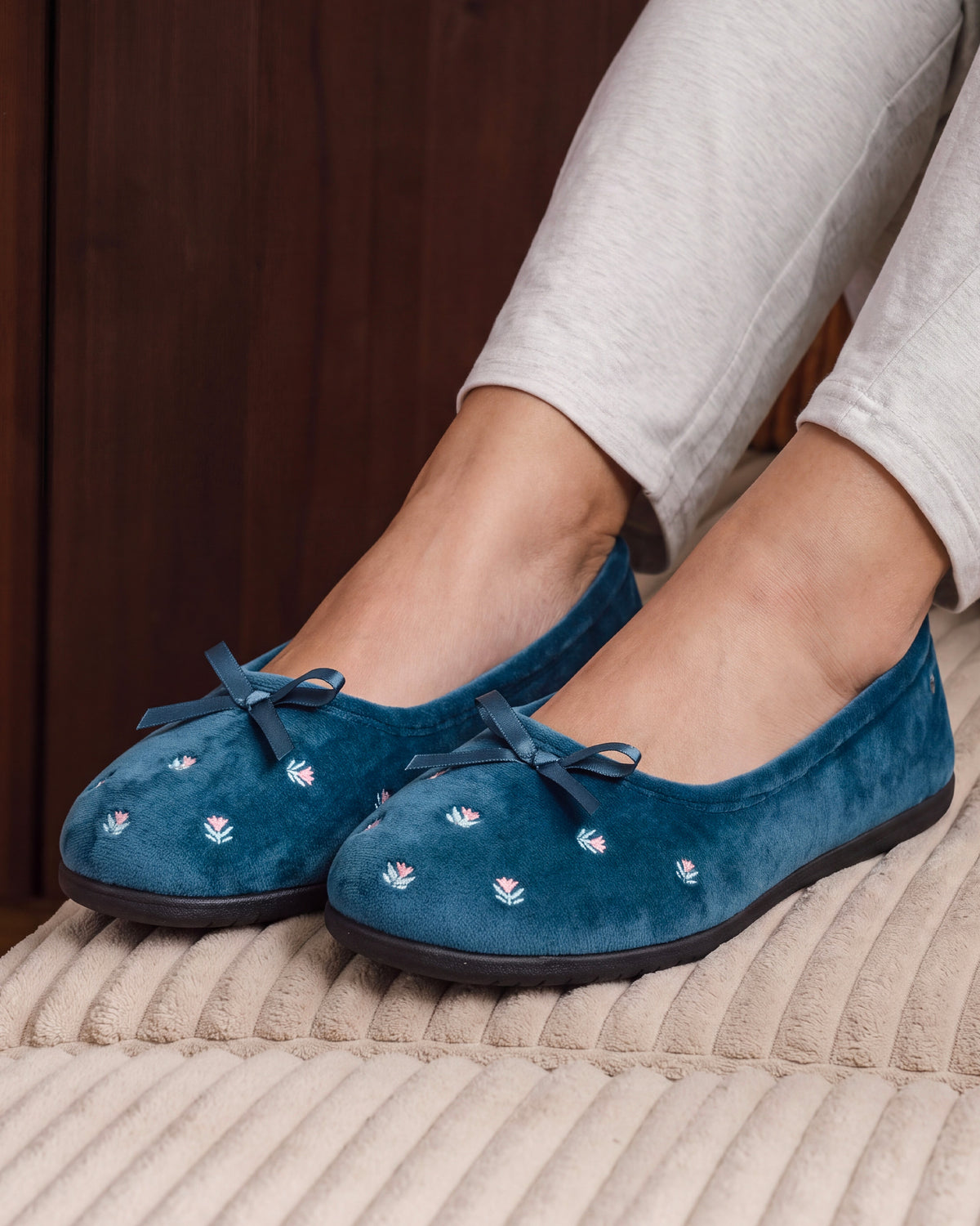 Chaussons ballerines Femme Bleu canard fleurs