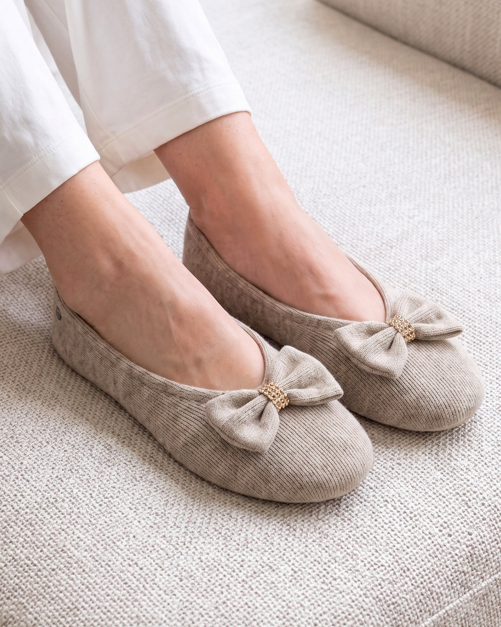 Chaussons Ballerines Femme Grand Nœud Kaki - Isotoner