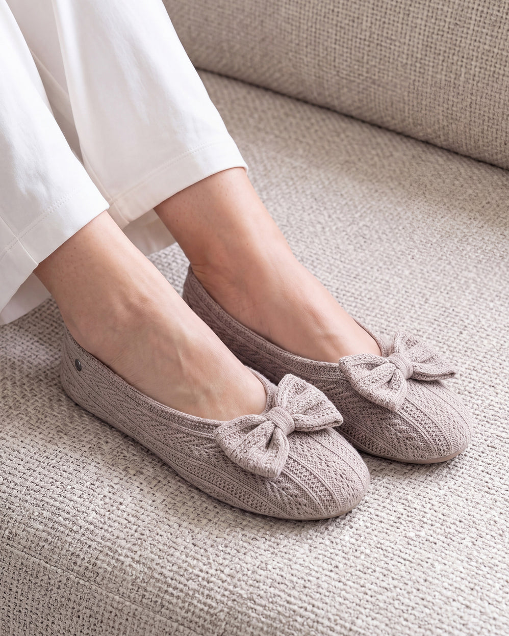 Chaussons Ballerines Femme Grand Nœud Taupe - Isotoner