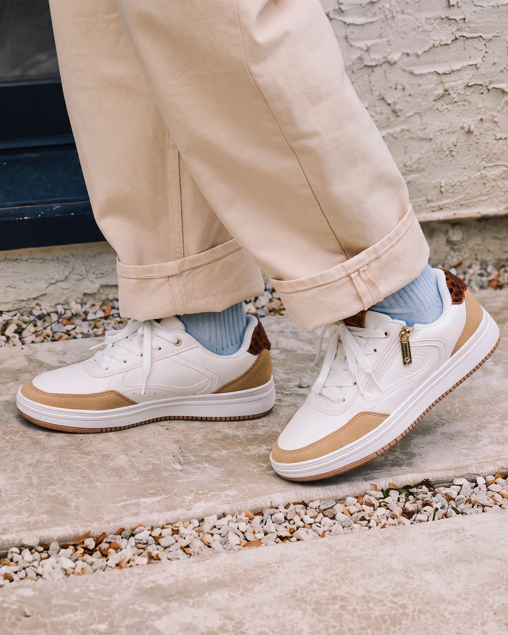 Baskets Femme détail zip Blanc/Léopard - Isotoner
