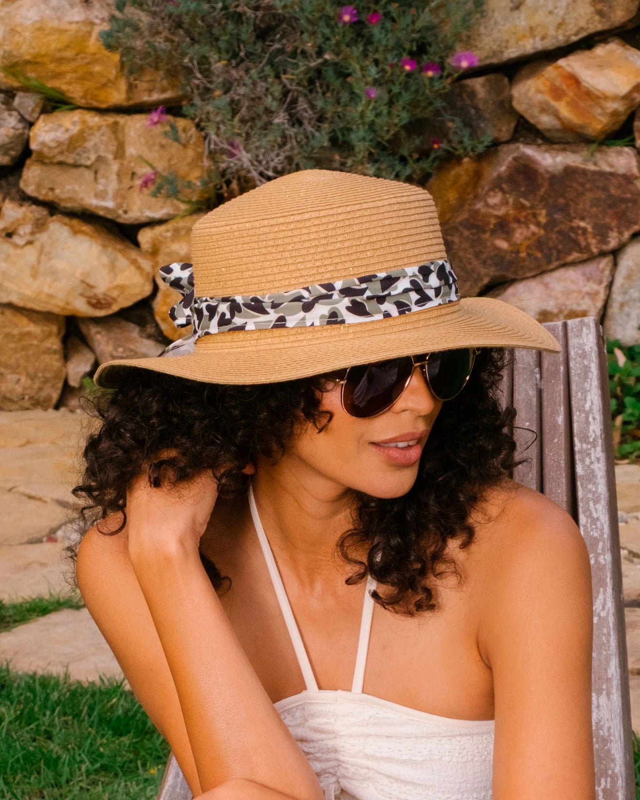 Chapeau Femme Canotier Foulard kaki cœur