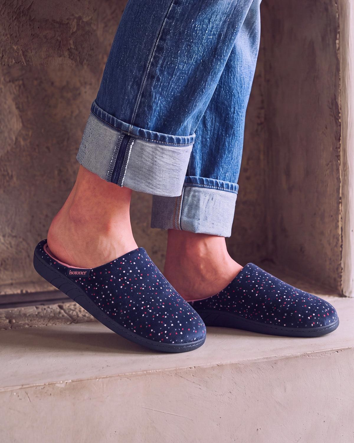 Chaussons Mules Femme Pois Marine