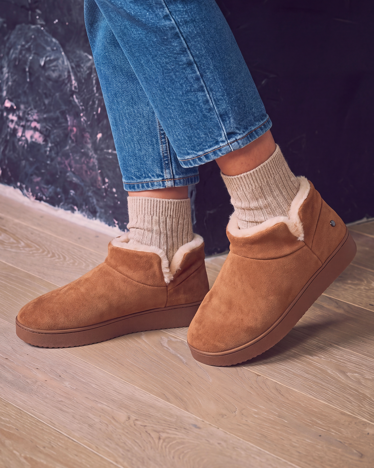 Chaussons bottillons cuir Femme Camel