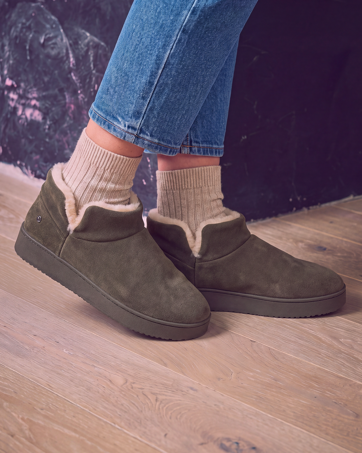 Chaussons botillons cuir Femme Kaki