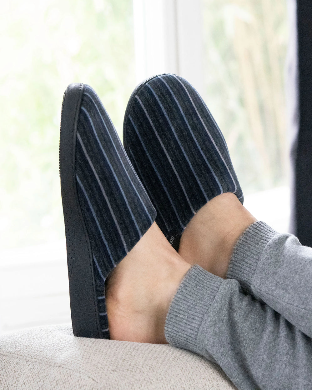 Chaussons mules Homme Rayures bleu/gris - Isotoner