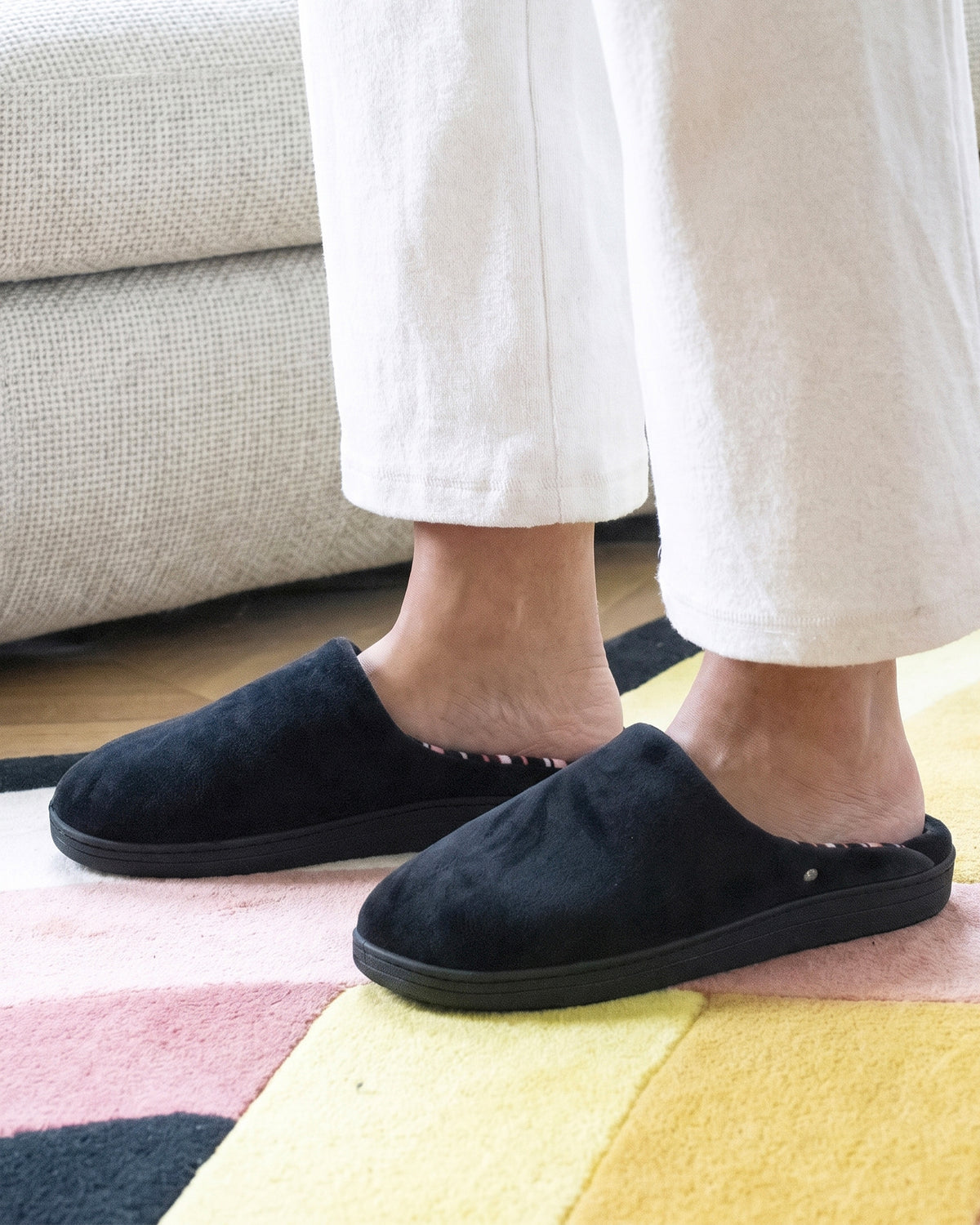 Chaussons Mules Femme Noir Rayures roses