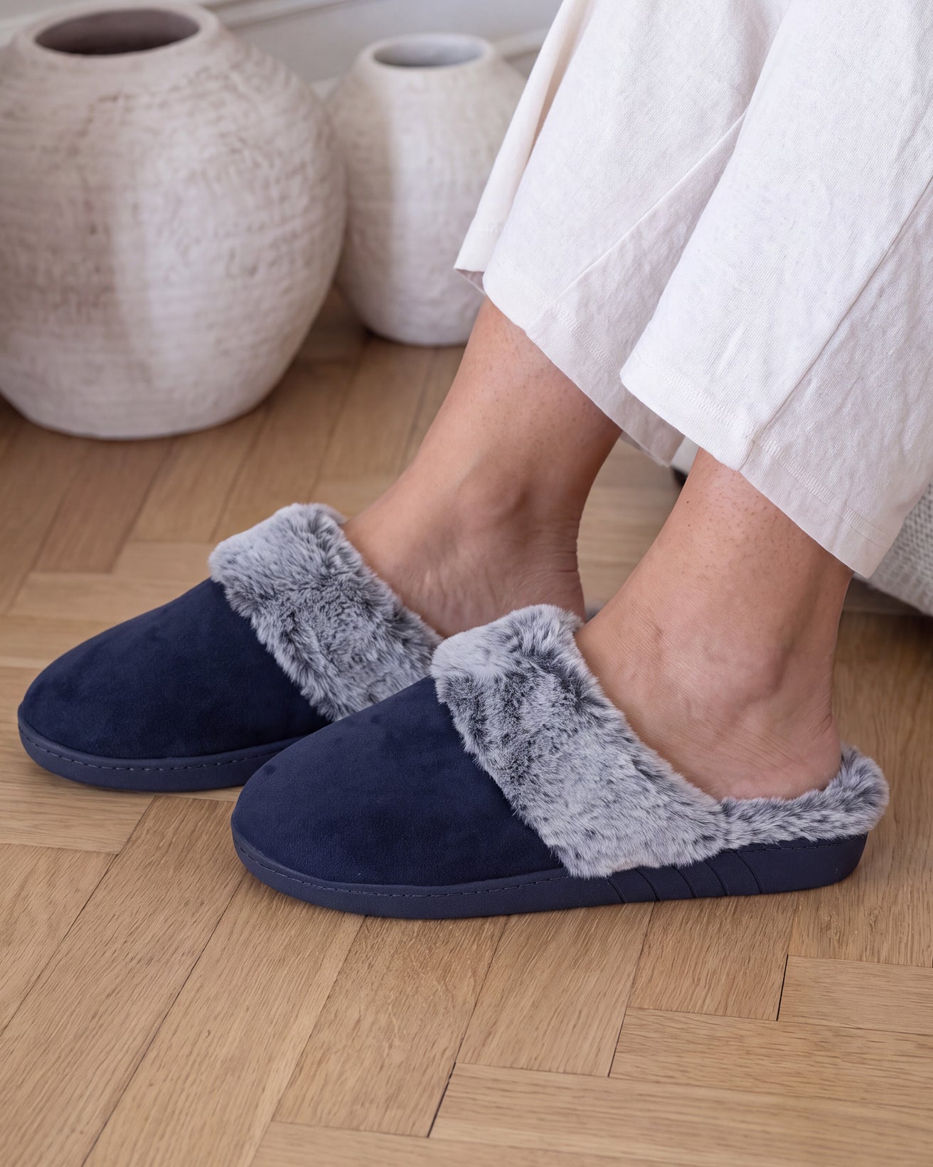 Chaussons mules Femme Bord fourré Marine