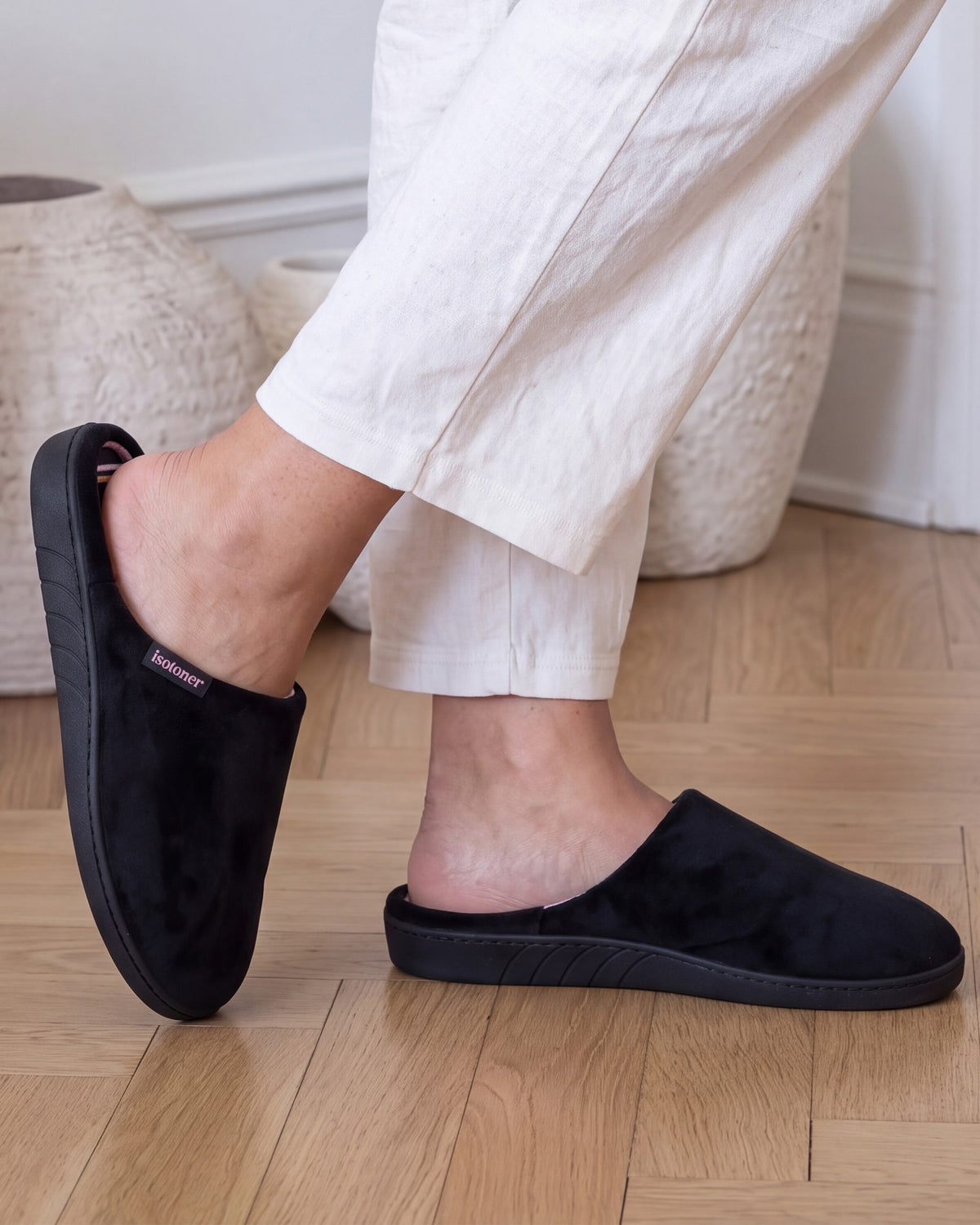 Chaussons mules Femme Noir rayures