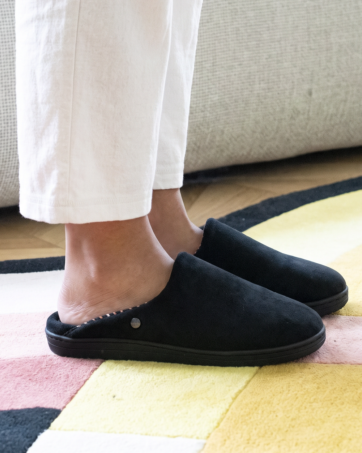 Chaussons mules Femme Noir intérieur rayures