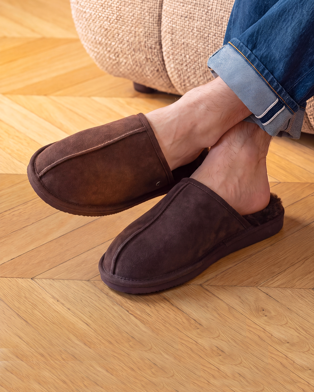 Chaussons Mules Homme Cuir Chocolat - Isotoner