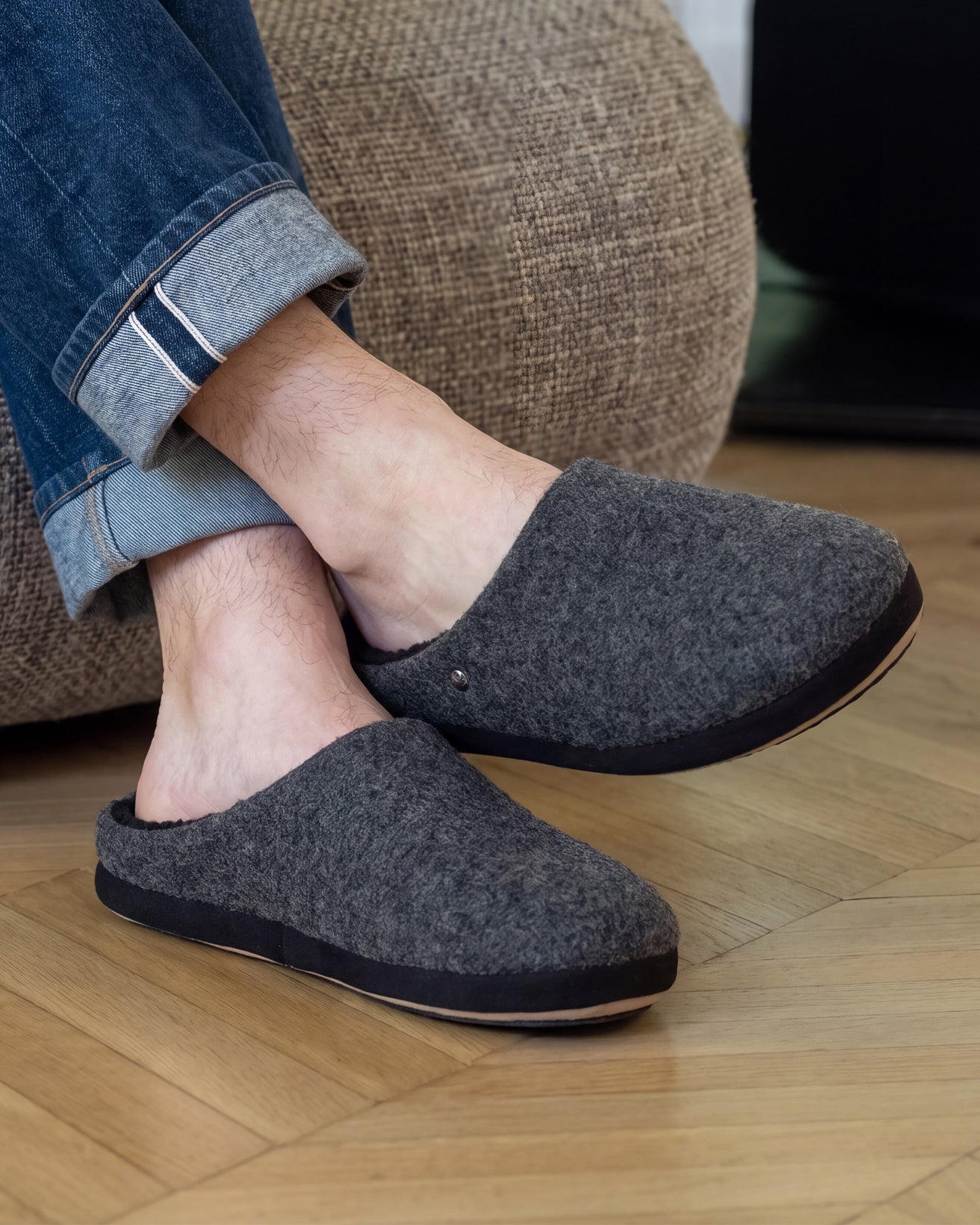 Chaussons mules Homme Noir feutrine chinée
