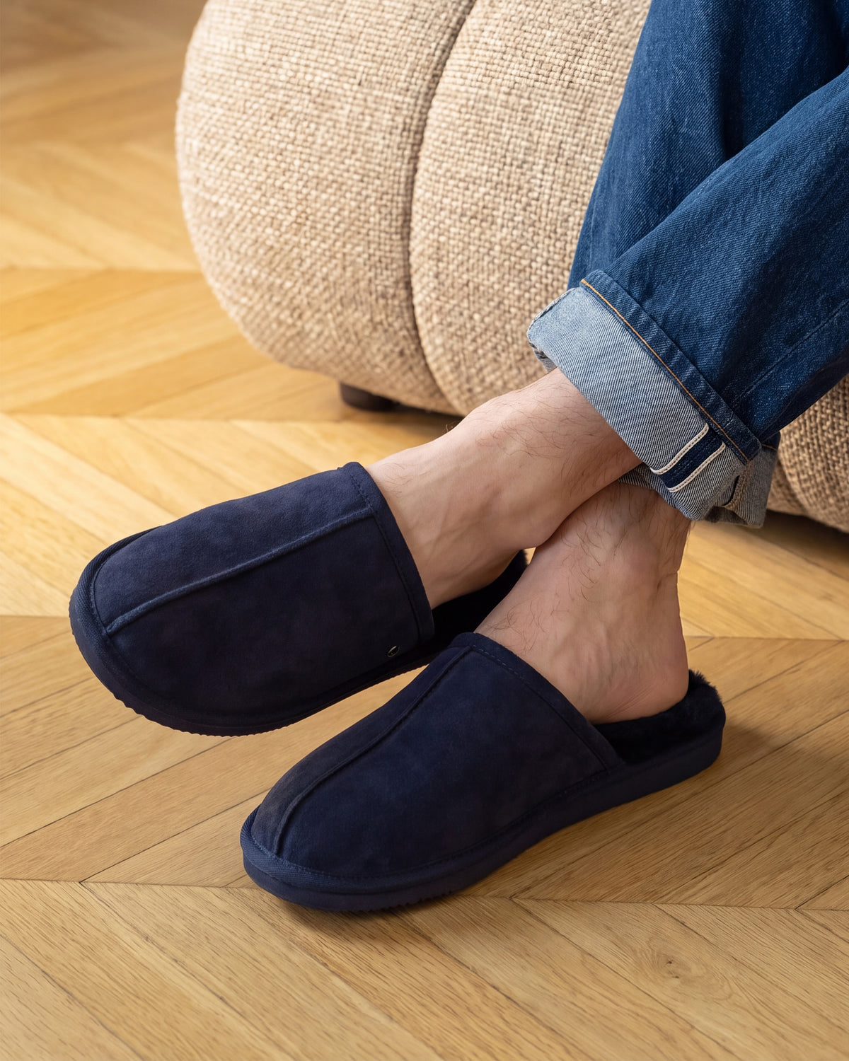 Chaussons mules Homme Cuir Marine fourrées