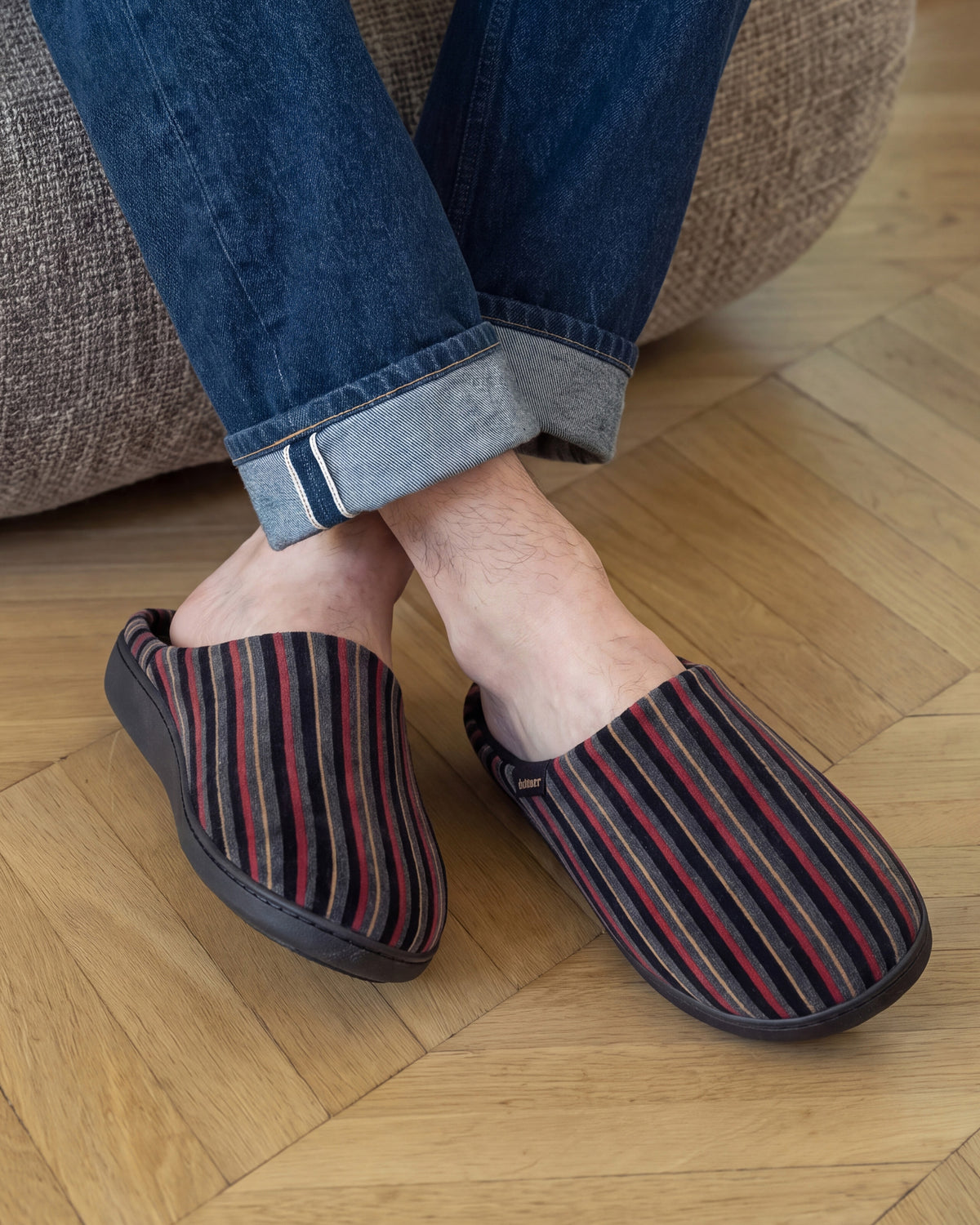 Chaussons Mules Homme Rayures Bordeaux