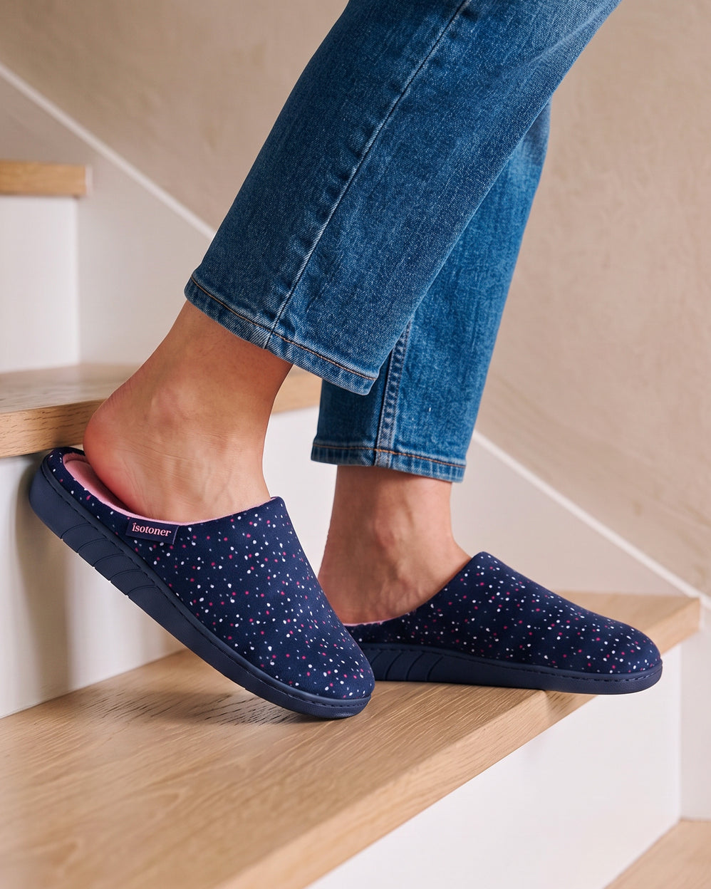 Chaussons Mules Femme Pois Marine - Isotoner