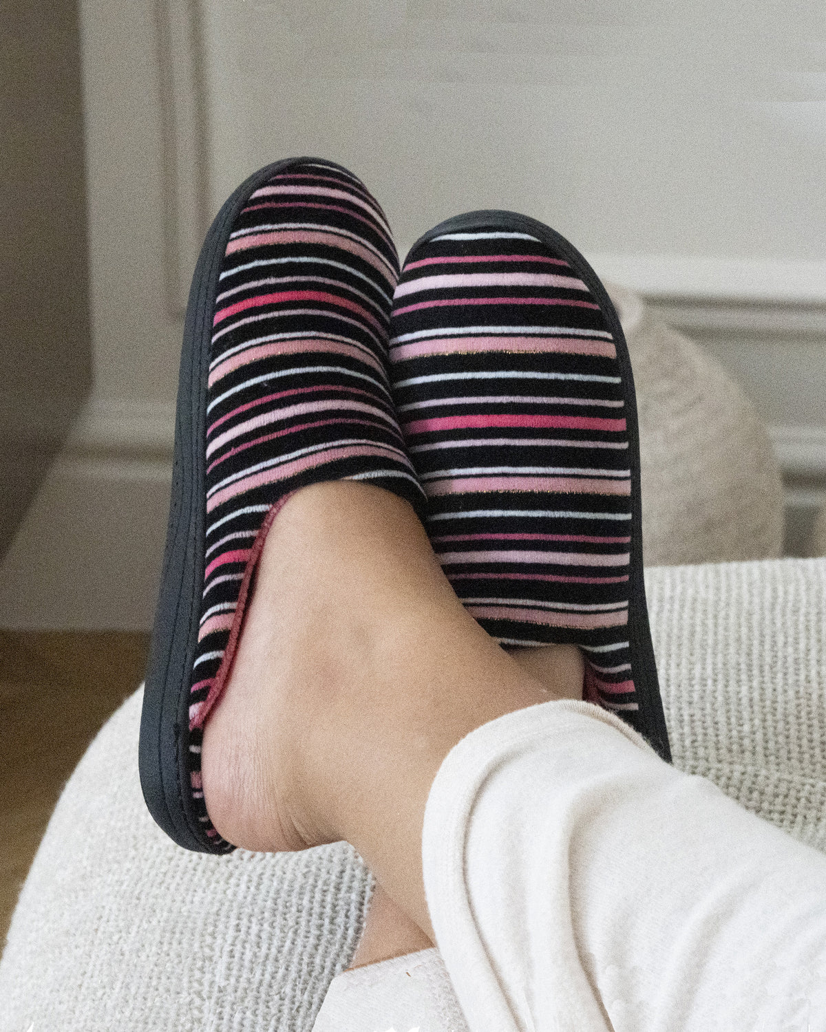 Chaussons Mules Femme Rayures Roses