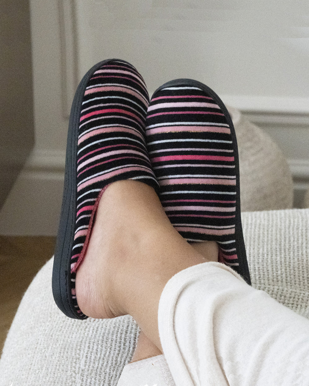 Chaussons Mules Femme Rayures Roses - Isotoner