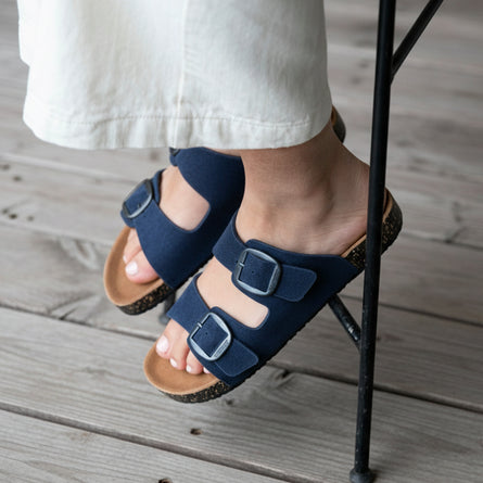 Mules sandales Femme Double Bride cuir Bleu foncé - Isotoner