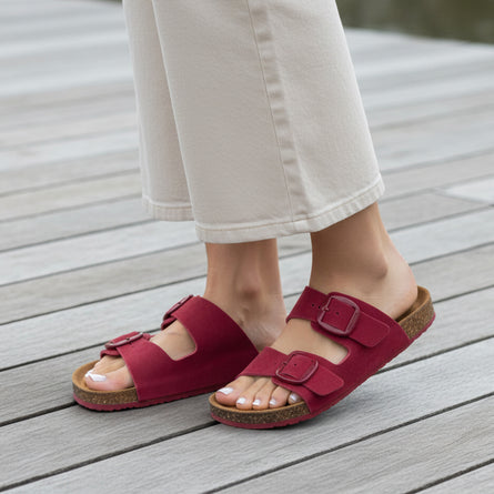 Mules Sandales Femme Double Bride cuir Framboise - Isotoner